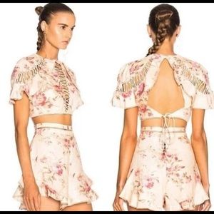 Zimmermann Corsair flutter short and lace top linen set